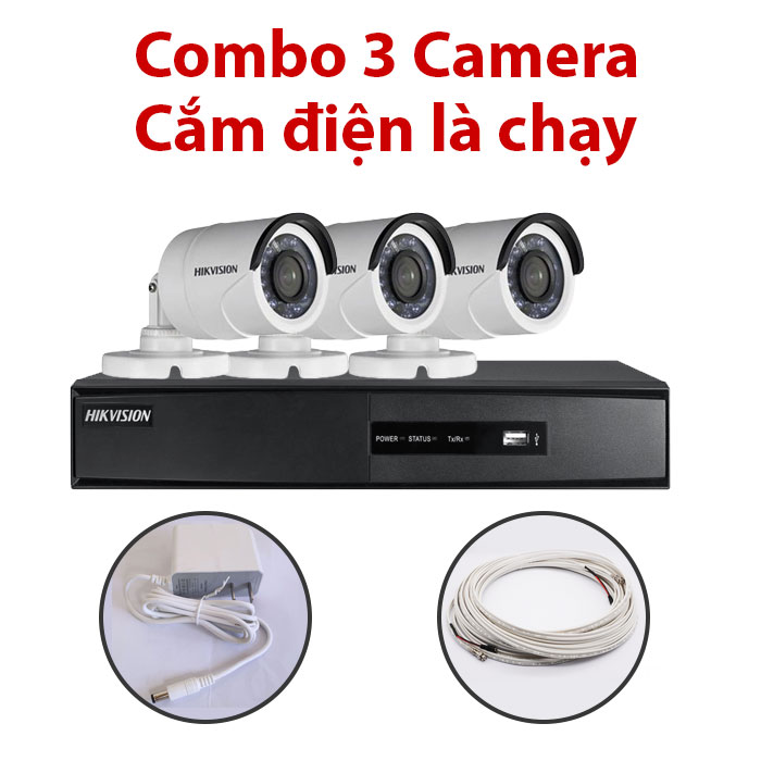 Trọn bộ 3 Camera DS-2CE16C0T-IR + Đầu ghi hình HIKVISION, có sẵn phụ kiện, cắm điện là chạy